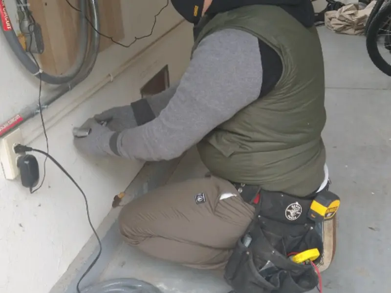 Electrician performing outlet wiring in a Tualatin garage
